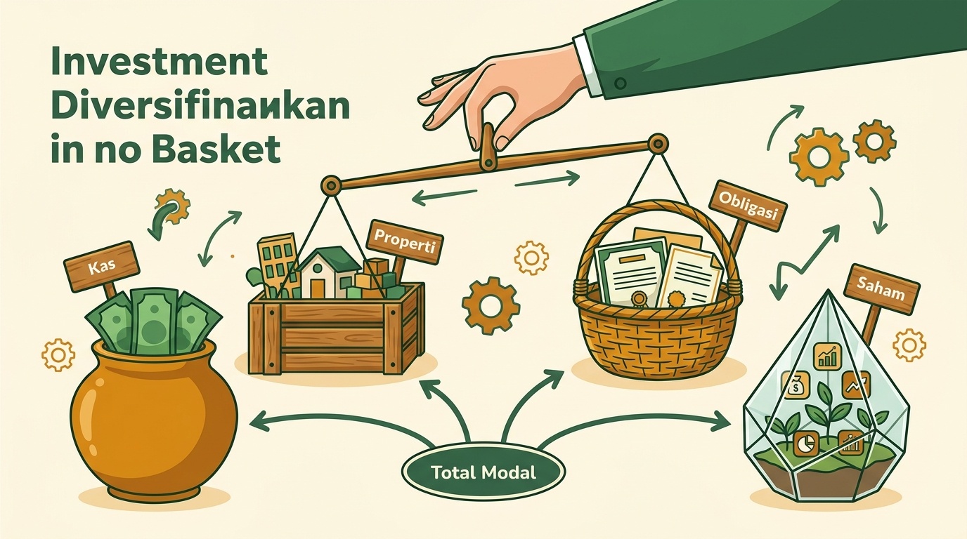 Ilustrasi diversifikasi investasi dengan beberapa keranjang aset berbeda