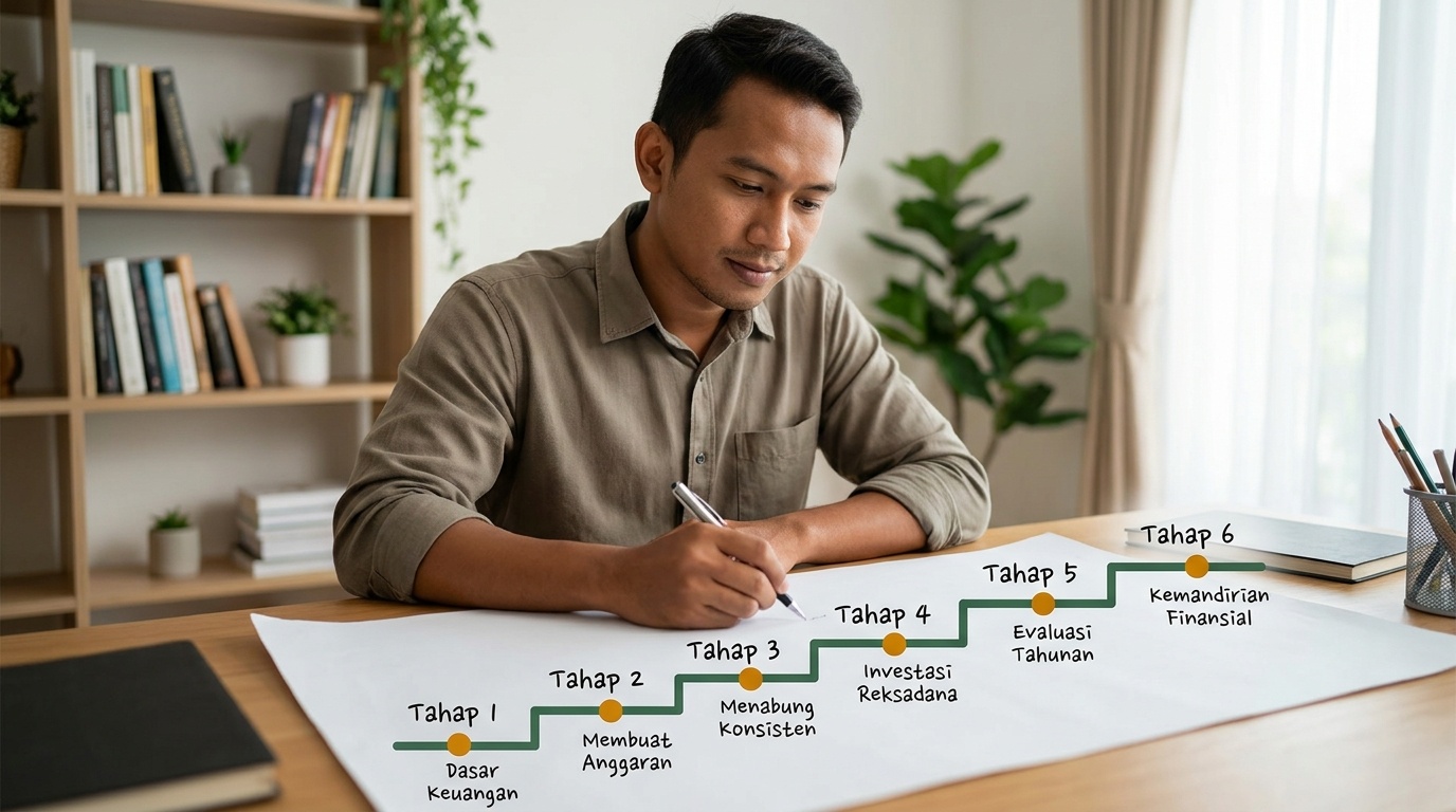 Ilustrasi menyusun rencana belajar bertahap di ruang belajar risiko